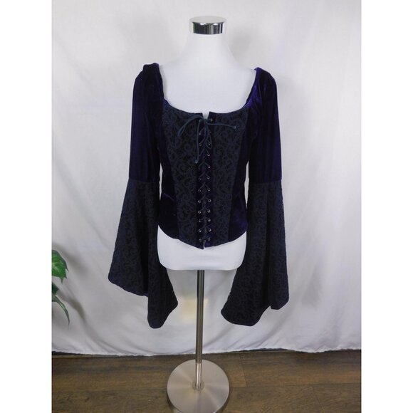 The Pyramid Collection Blouse Womens Medium Purple Velvet Lace Up Bell Sleeve - Picture 1 of 12